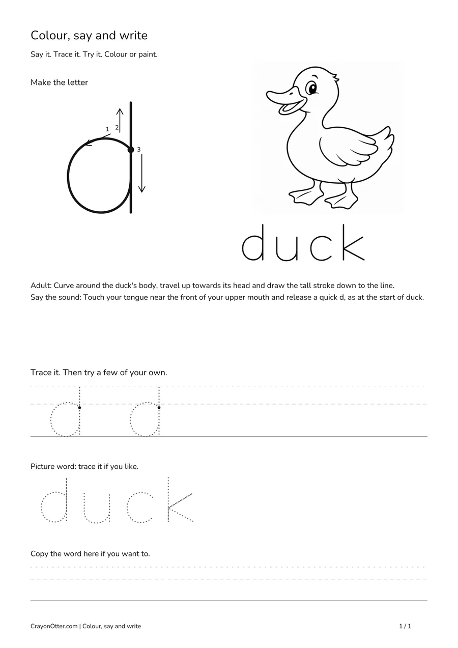 Lowercase d worksheet with a duck picture, movement model, tracing and writing guides.