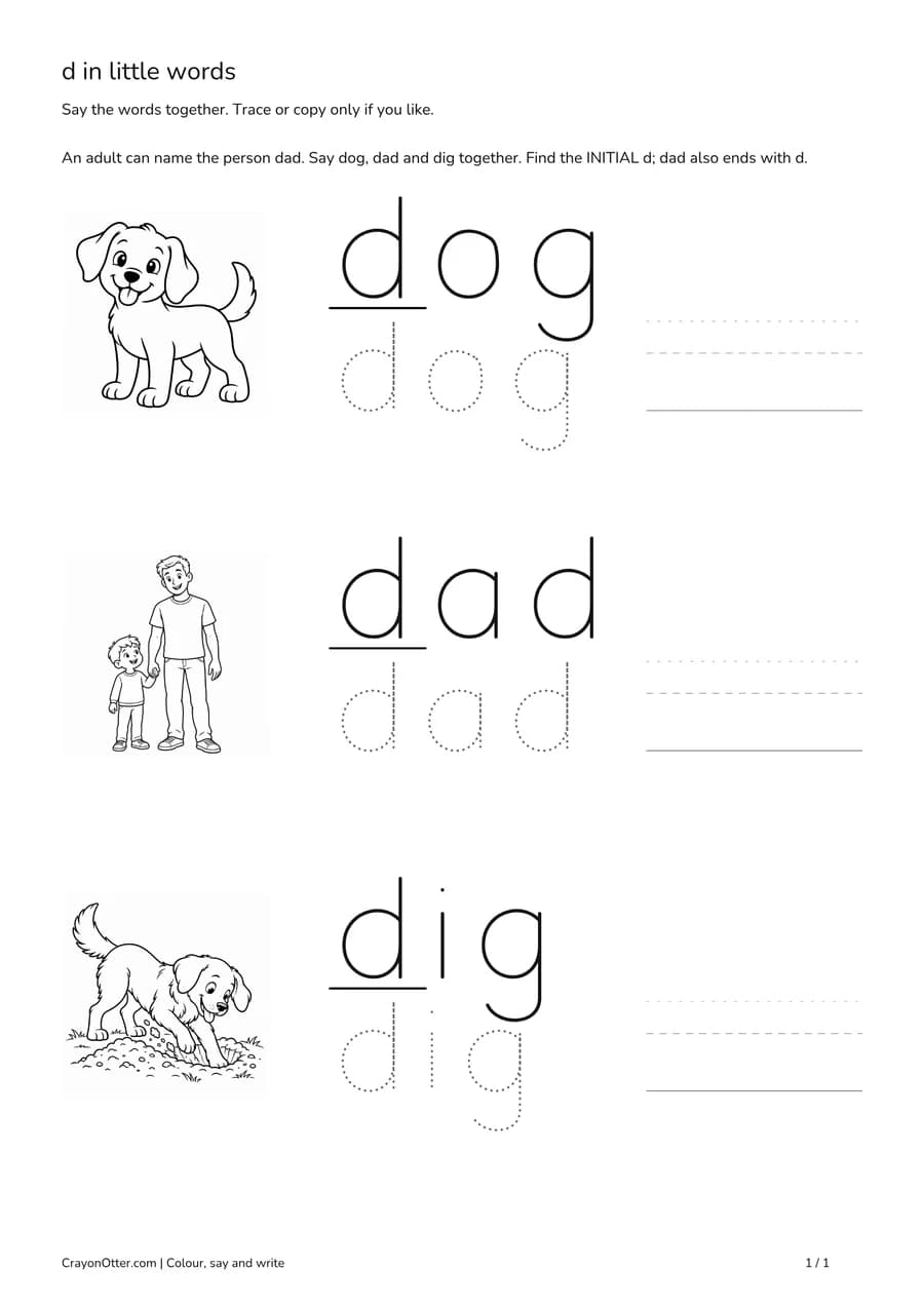 Dog, father and child, and digging pictures beside initial d words and optional tracing.
