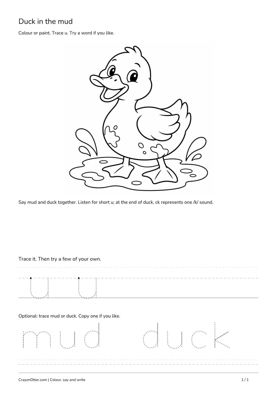 A duck in mud picture with a lowercase u row and optional mud and duck word practice.