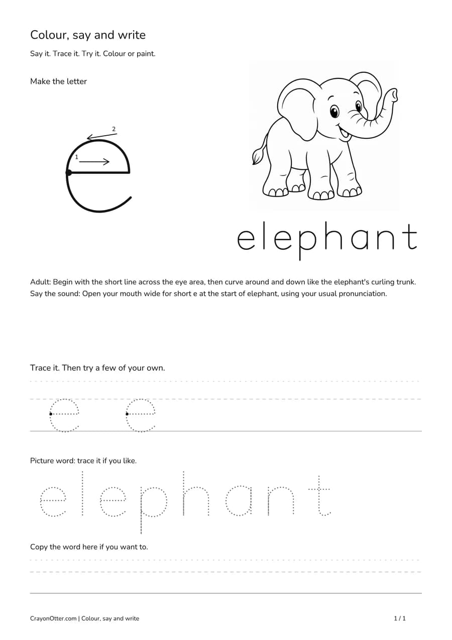 Lowercase e worksheet with an elephant picture, movement model, tracing and writing guides.