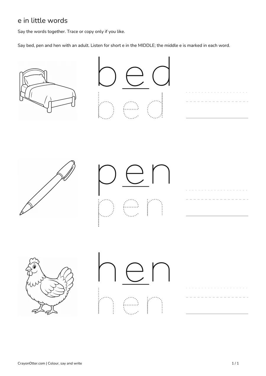 Bed, pen and hen pictures beside words with middle e marked and optional tracing.