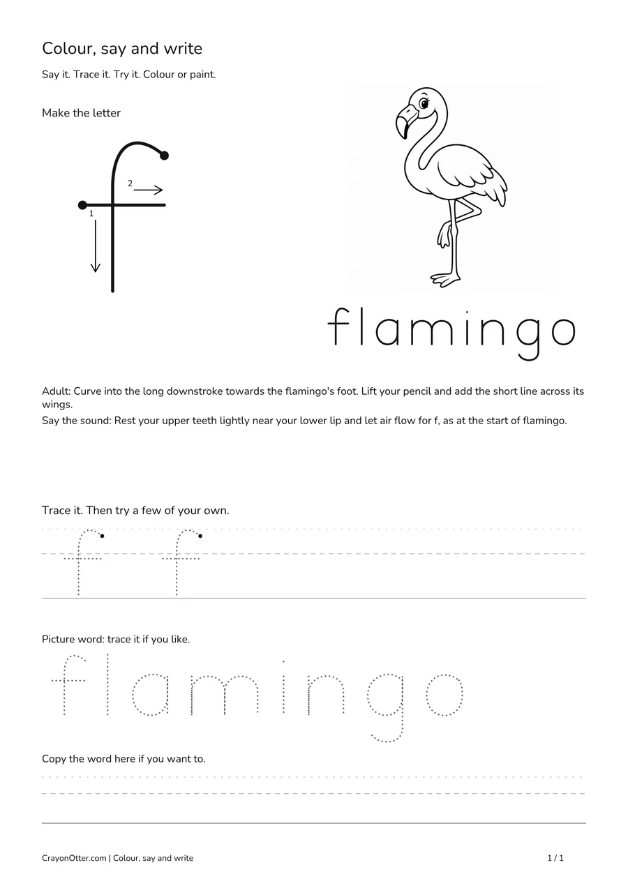 Lowercase f worksheet with a flamingo picture, movement model, tracing and writing guides.