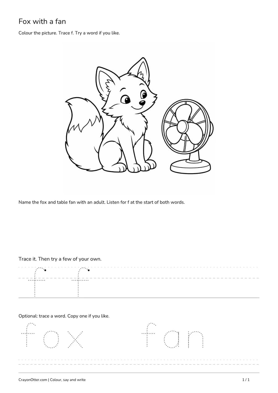 Seated fox beside a table fan, with lowercase f practice and optional fox and fan tracing.