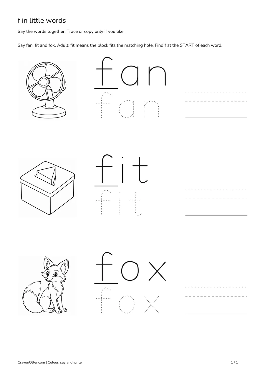 Fan, matching block and fox pictures beside initial f word models and optional tracing.