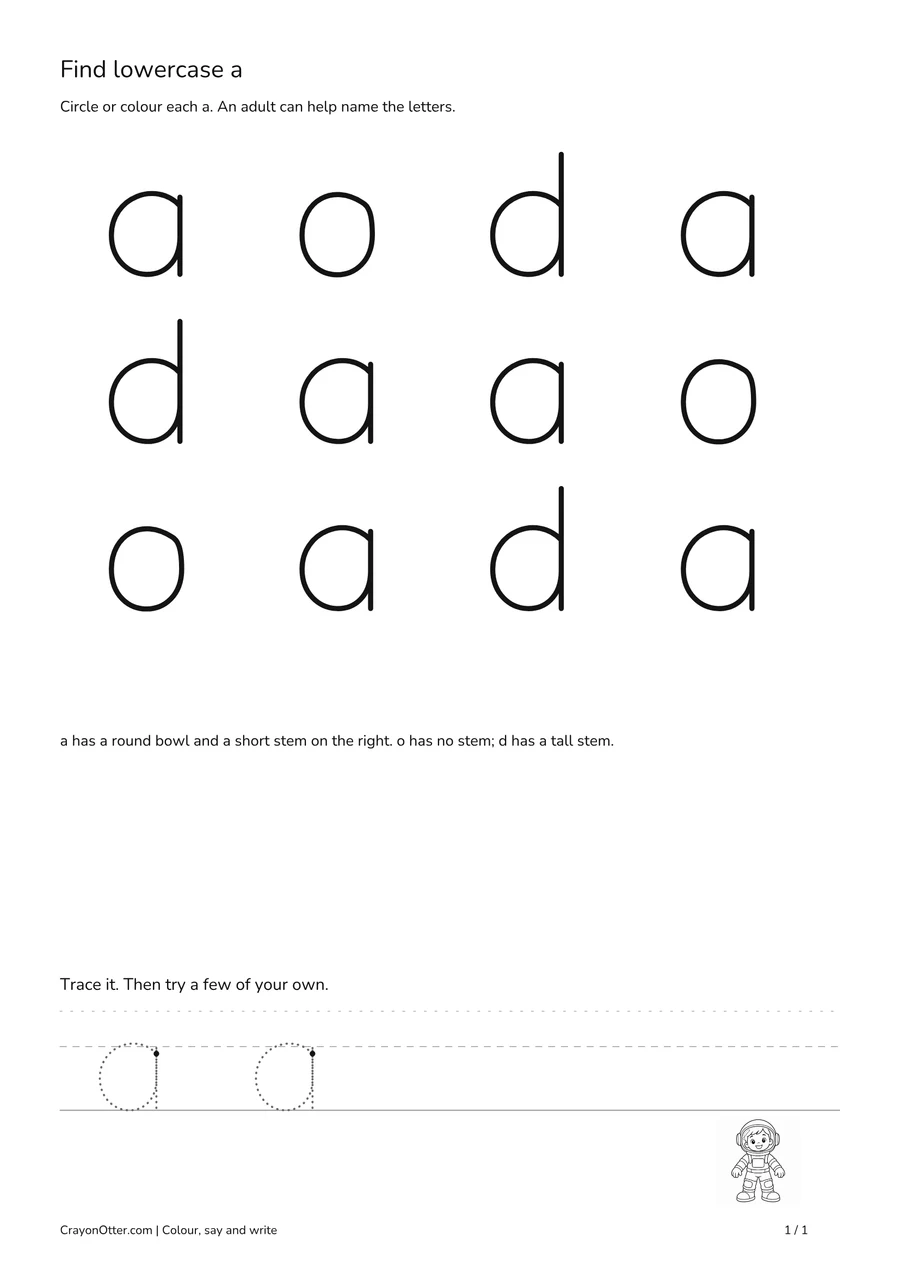 Lowercase a letter-finding grid with an astronaut picture and tracing guides.
