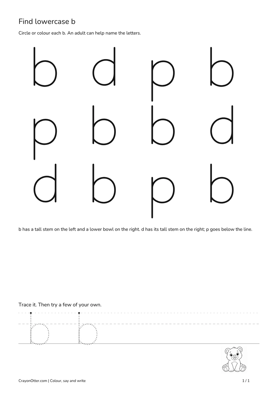 Lowercase b finding grid among d and p, with a bear picture and writing guides.