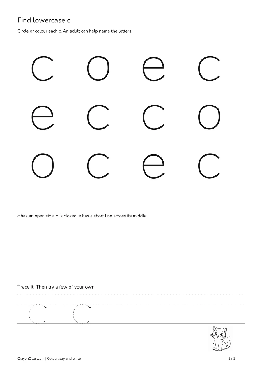 Lowercase c shapes among o and e, with a cat picture and a tracing row.