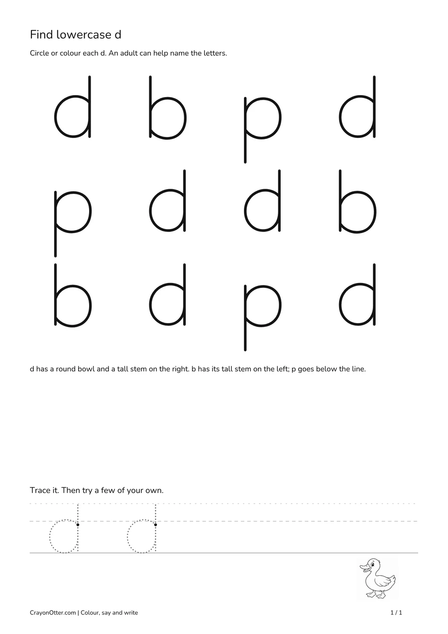 Lowercase d grid among b and p, with a duck picture and guided writing space.
