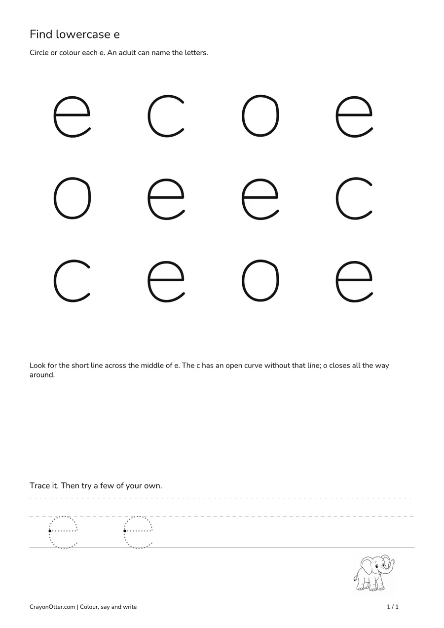 Lowercase e finding grid among c and o, with an elephant picture and writing space.