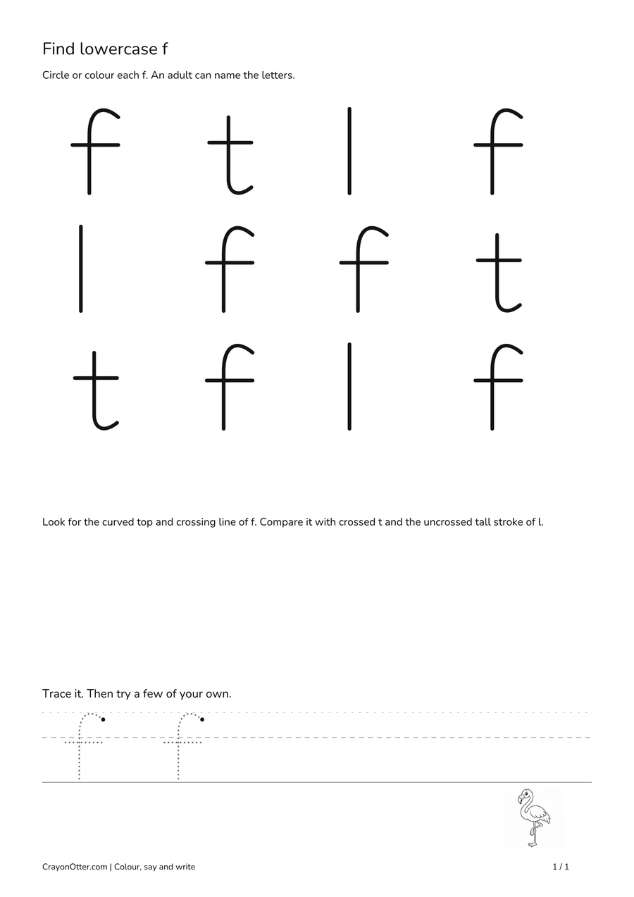 Lowercase f shapes among t and l, with a flamingo picture and a tracing row.