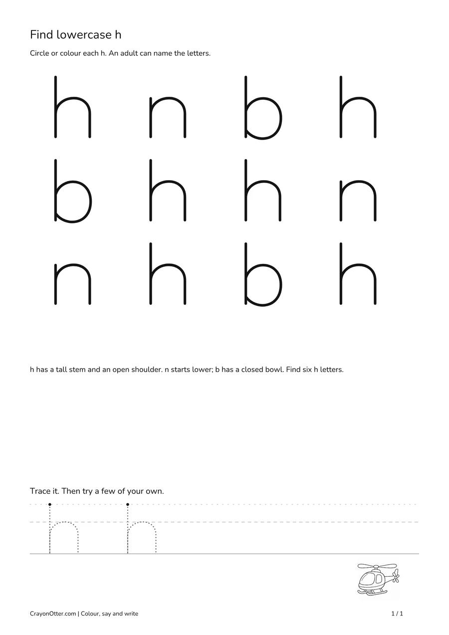 Lowercase h finding grid among n and b, with a helicopter picture and writing guides.