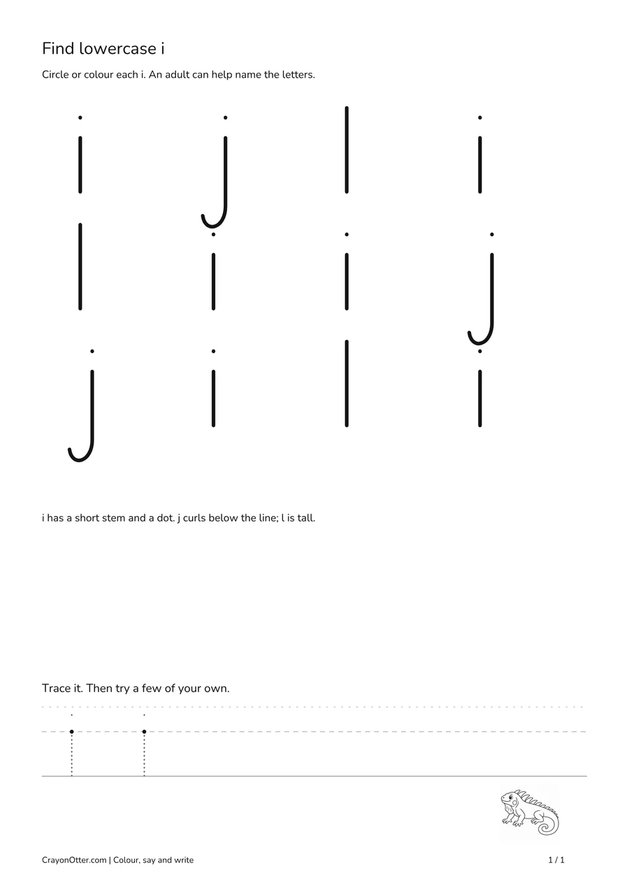 Lowercase i letter-finding grid with an iguana picture and tracing guides.