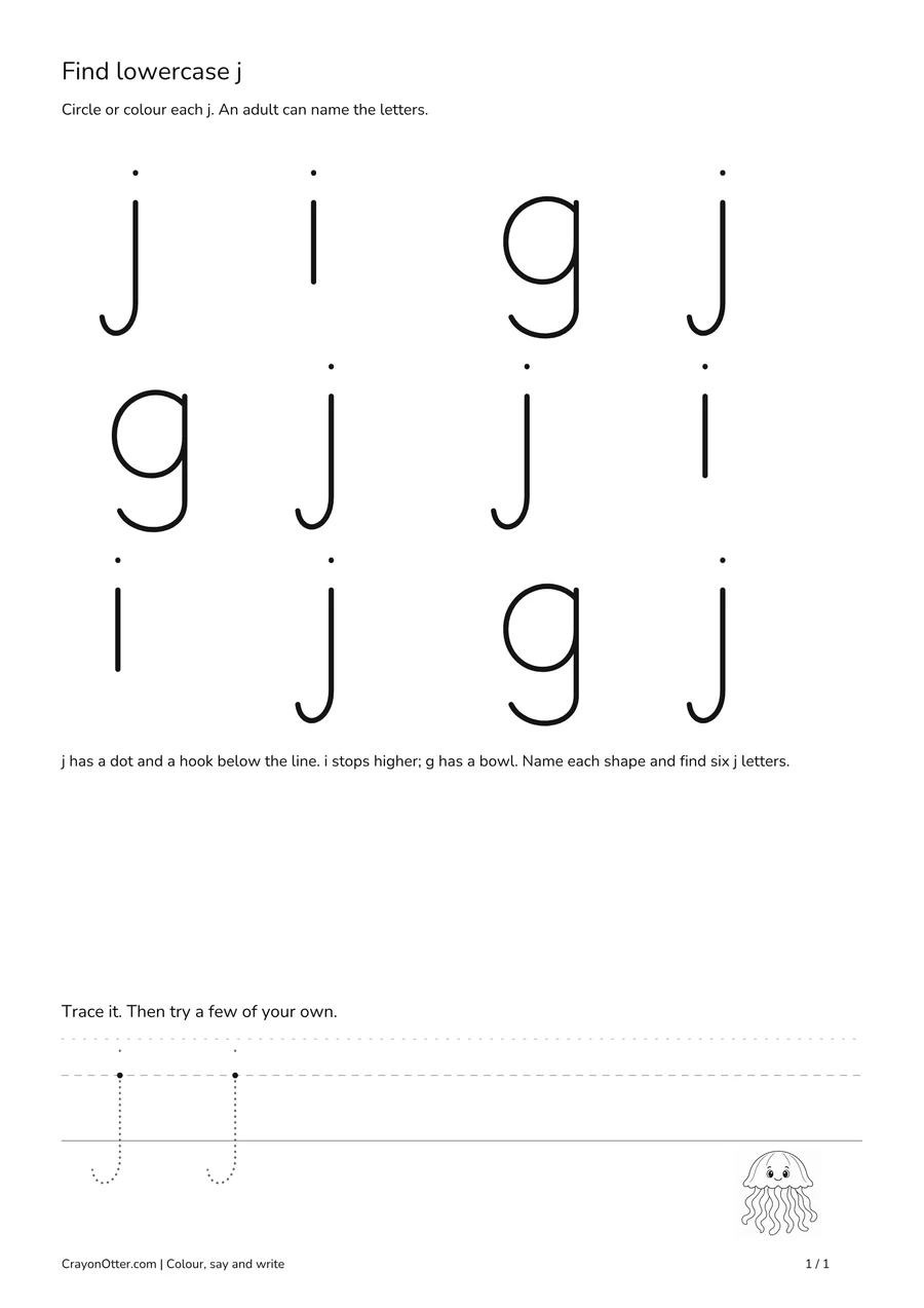 Dotted lowercase j letters among i and g, with clear descender spacing and a jellyfish picture.