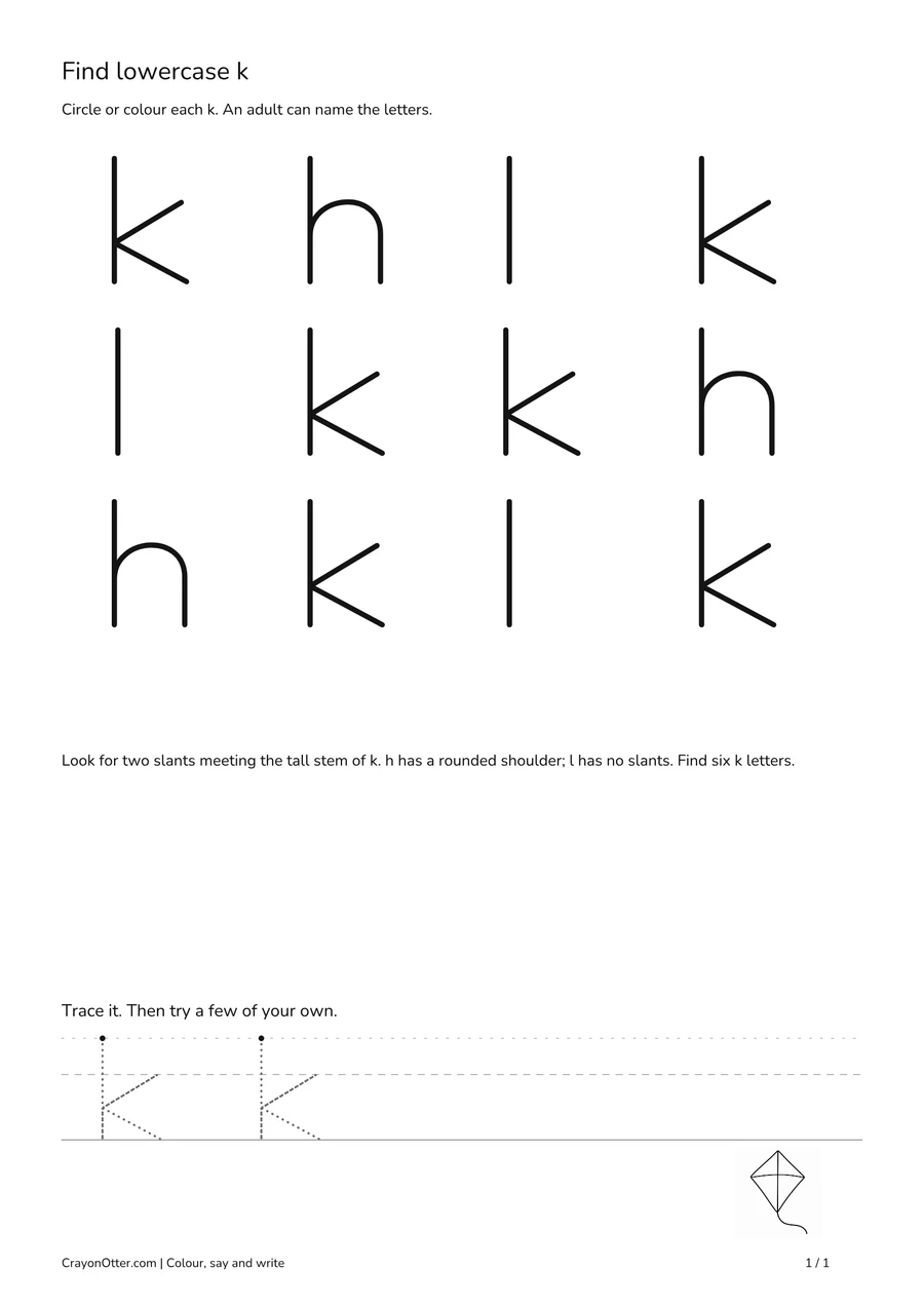 Lowercase k shapes among h and l, with a kite picture and open writing space.