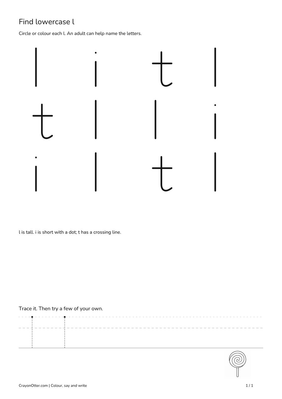 Lowercase l letter-finding grid with a lollipop picture and tracing guides.