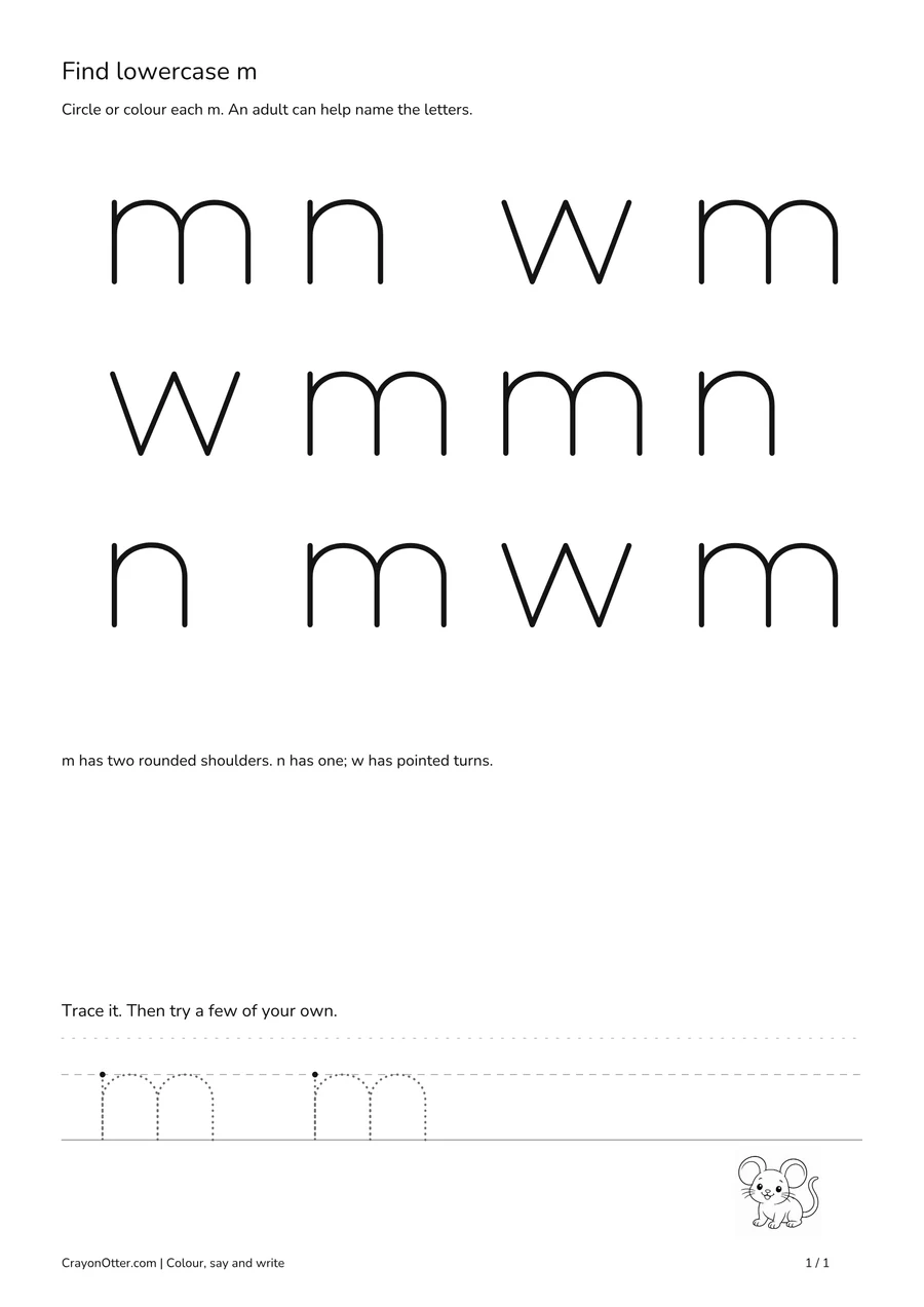 Lowercase m letter-finding grid with a mouse picture and tracing guides.