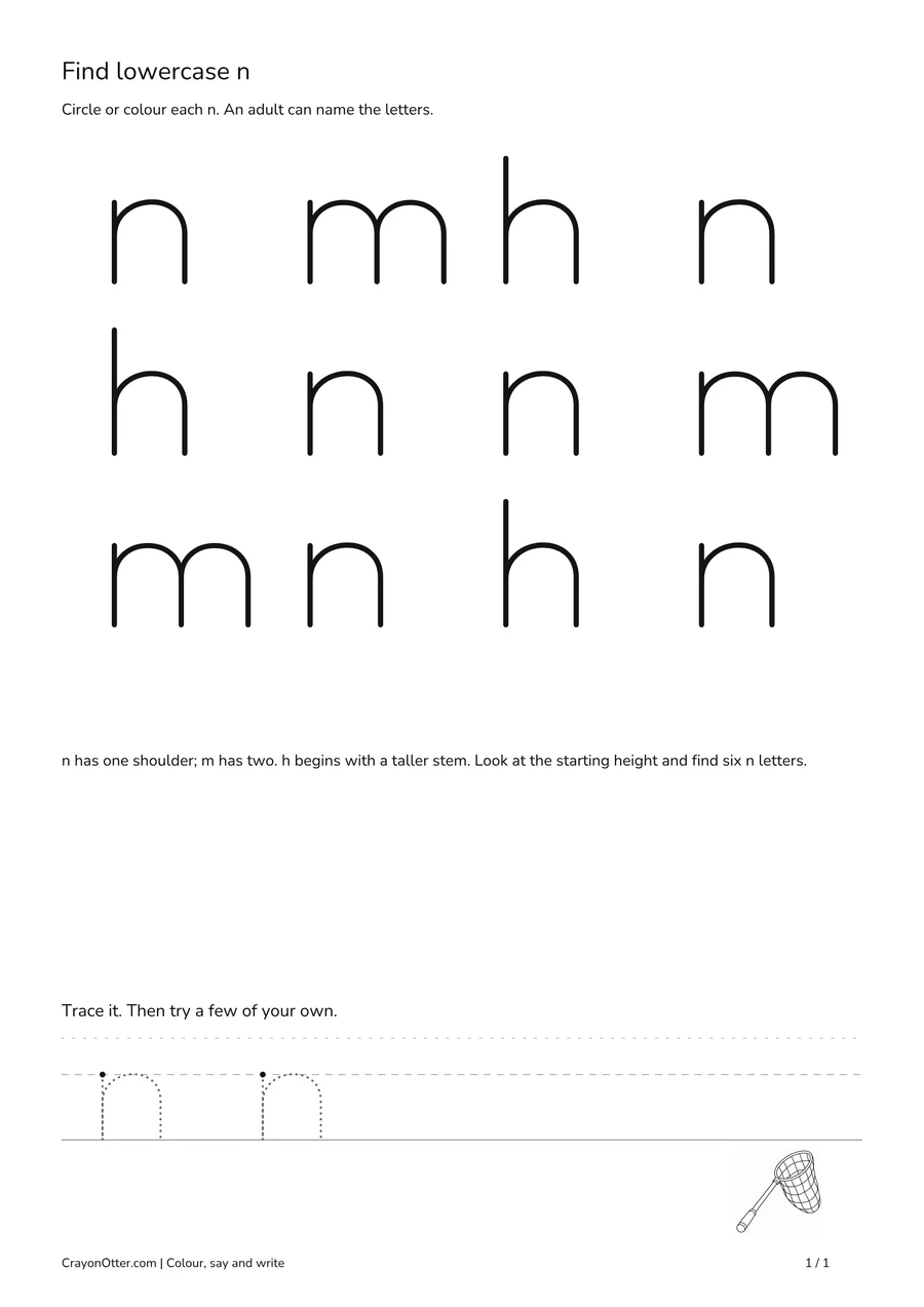 Lowercase n finding grid among m and tall h, with a net picture and writing space.