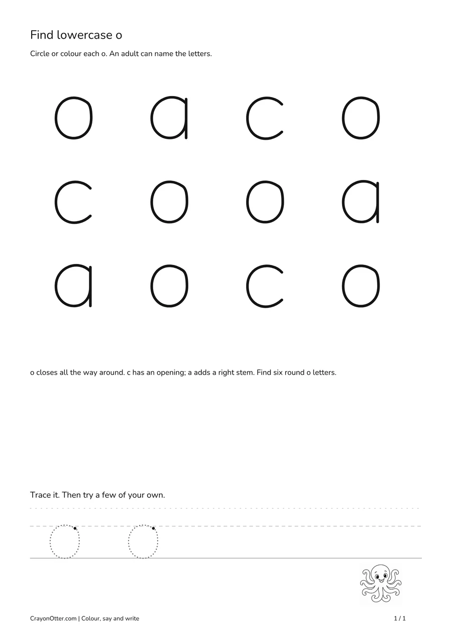 Closed lowercase o shapes among a and open c, with an octopus picture and writing guides.