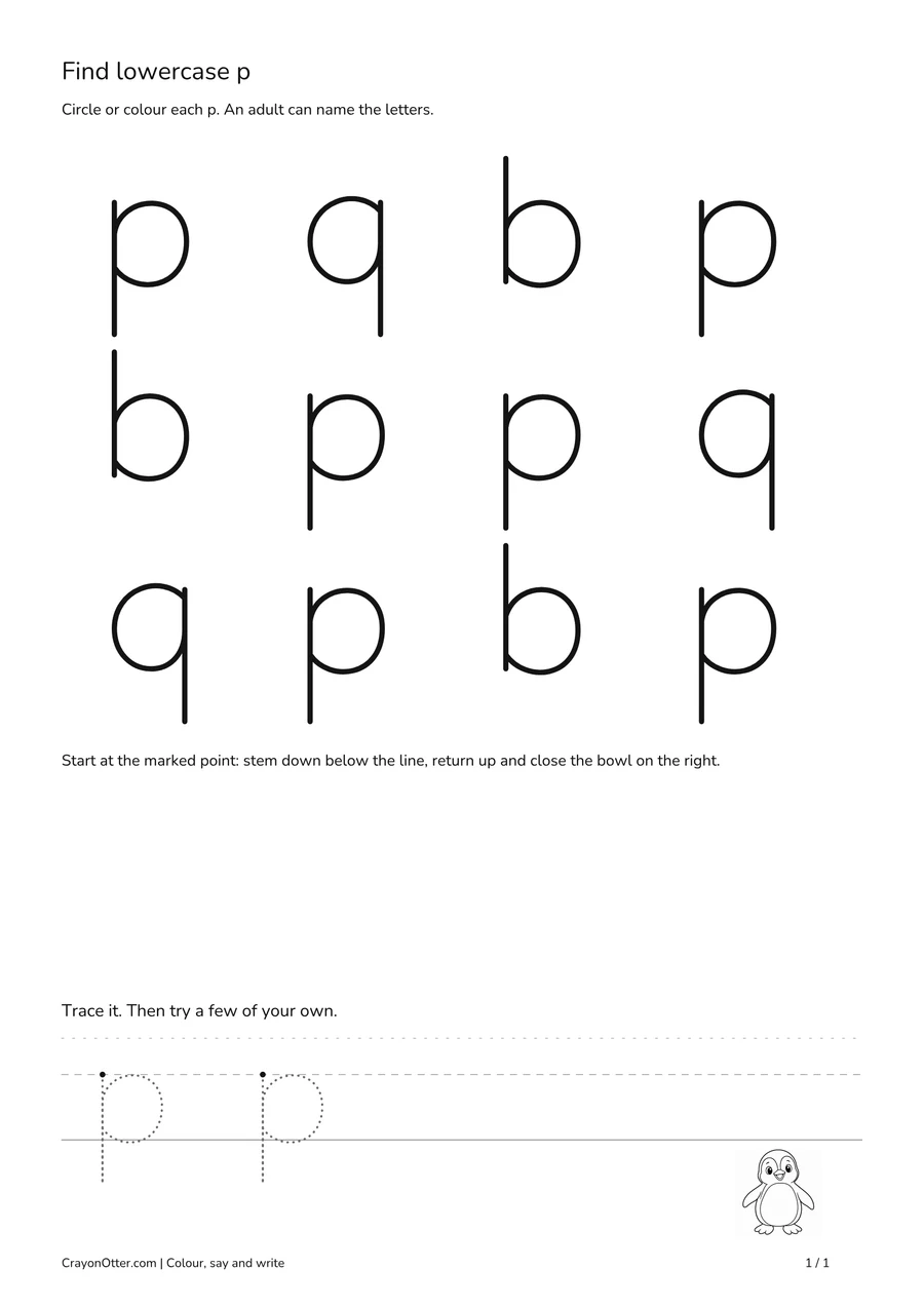 Six lowercase p shapes among q and b, with a penguin picture and open writing guides.