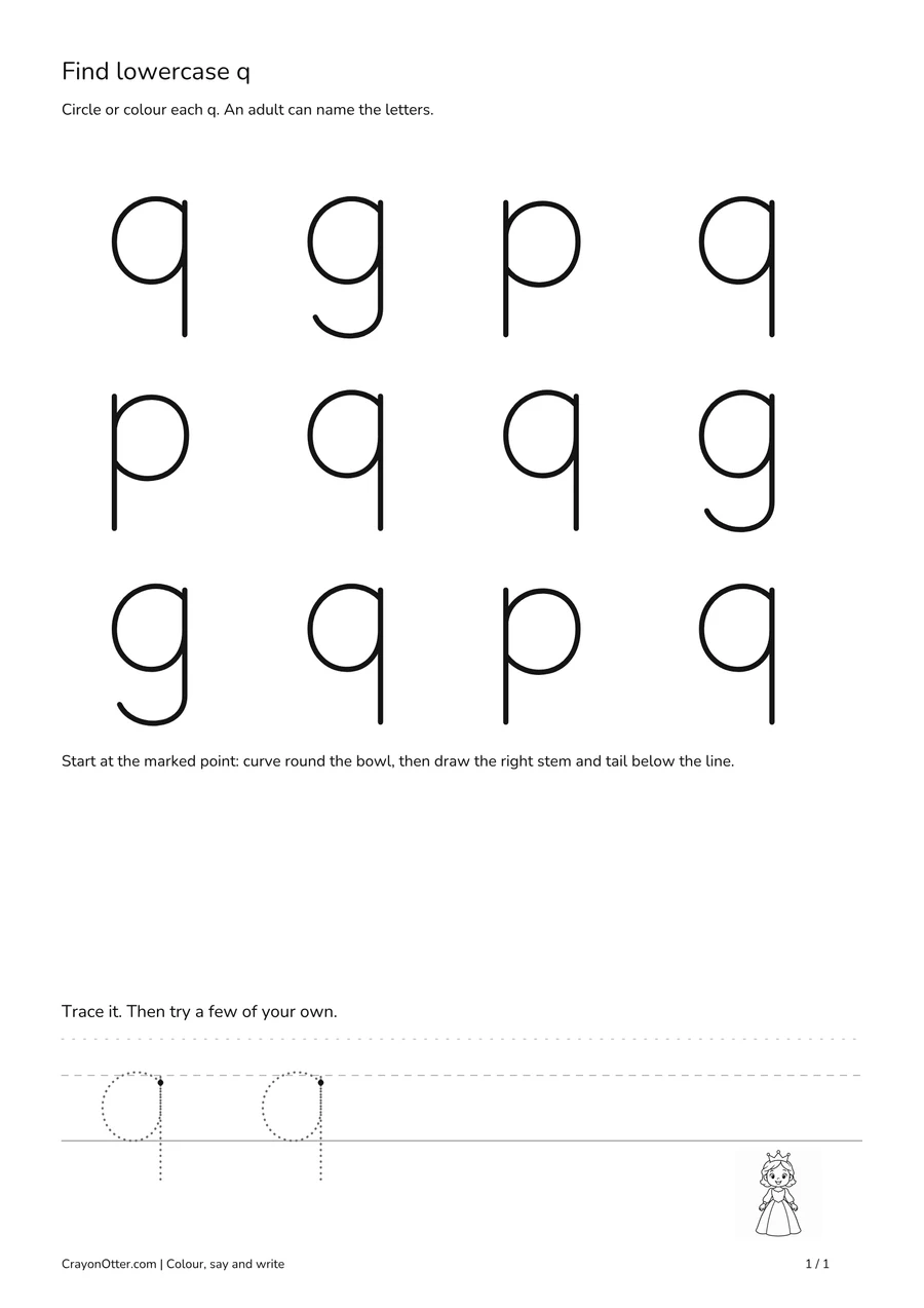 Six lowercase q shapes among g and p, with a queen picture and tracing space.
