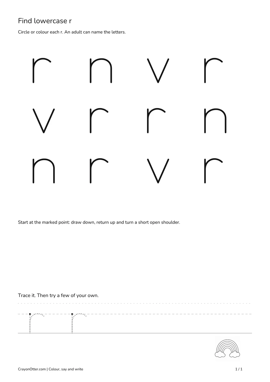 Six lowercase r shapes among n and v, with a rainbow picture and tracing guides.