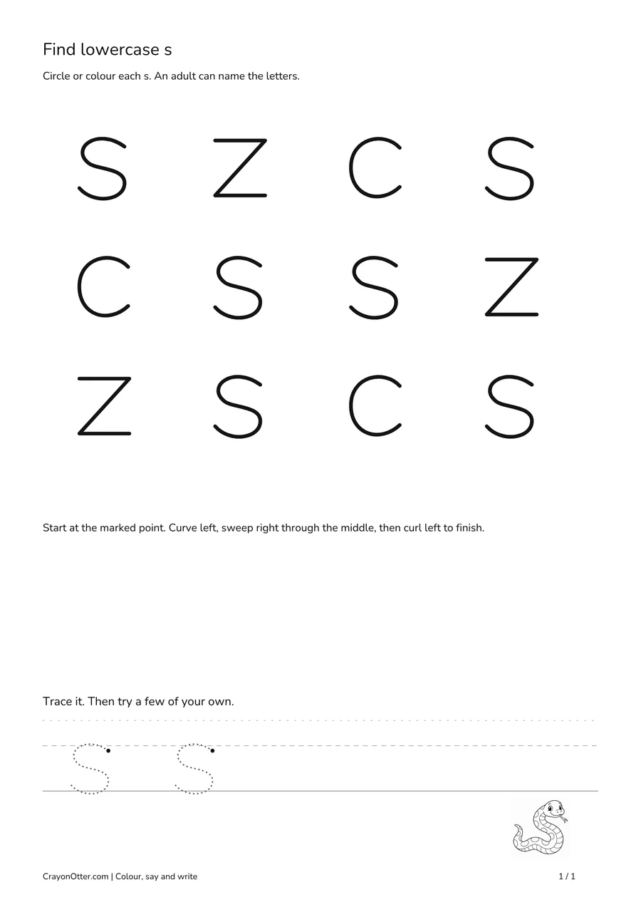 Six lowercase s shapes among z and c, with a snake picture and writing guides.