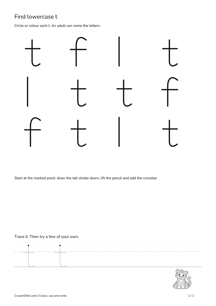 Six lowercase t shapes among f and l, with a tiger picture and writing guides.