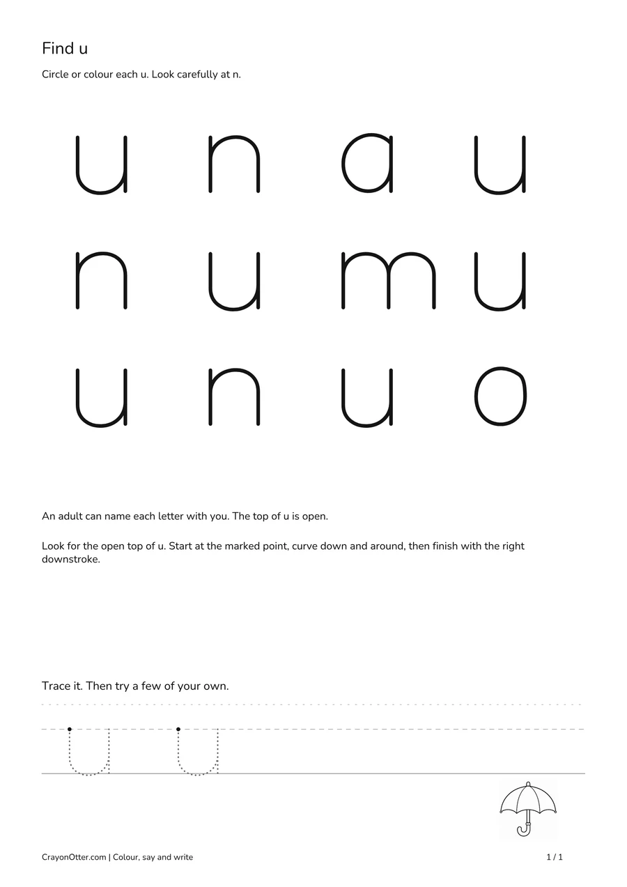A lowercase letter selection, including u and n, above tracing and writing guides.