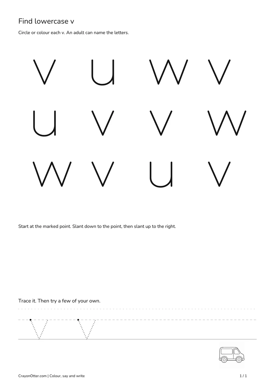 Six lowercase v shapes among u and w, with a van picture and writing guides.