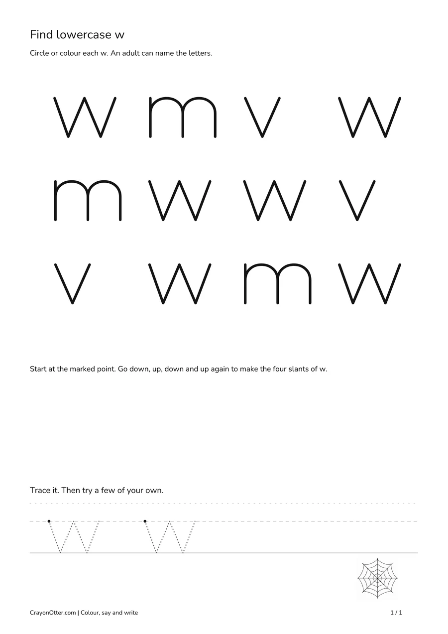 Six lowercase w shapes among m and v, with a web picture and writing guides.