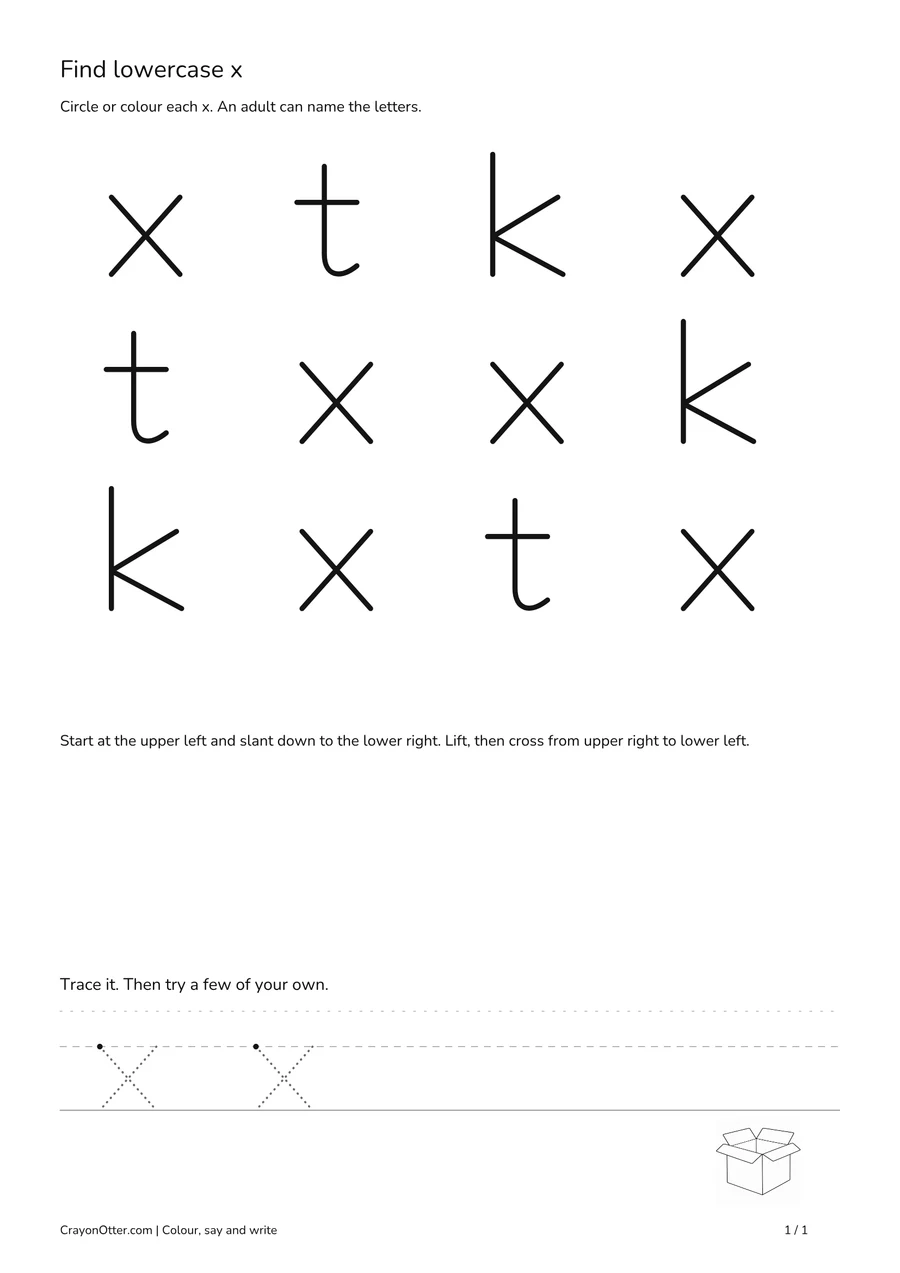 Six lowercase x shapes among t and k, with a box picture and writing guides.