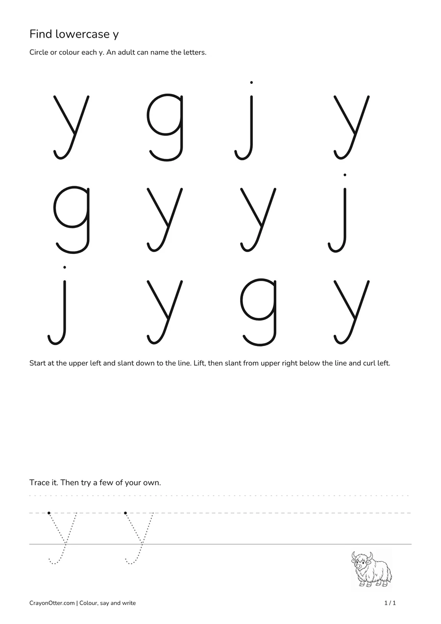 Six lowercase y shapes among g and j, with a yak picture and space below the line.