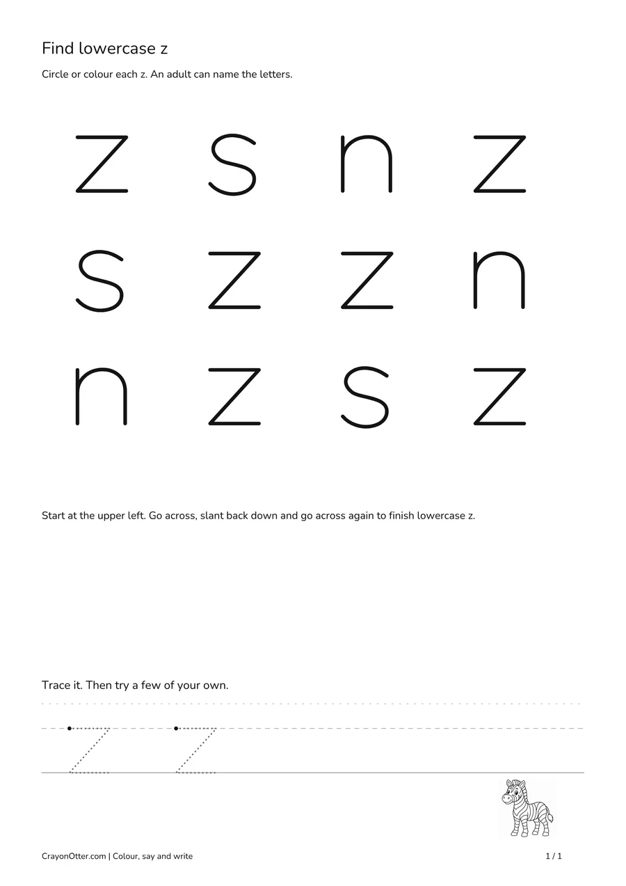 Six lowercase z shapes among s and n, with a zebra picture and writing guides.