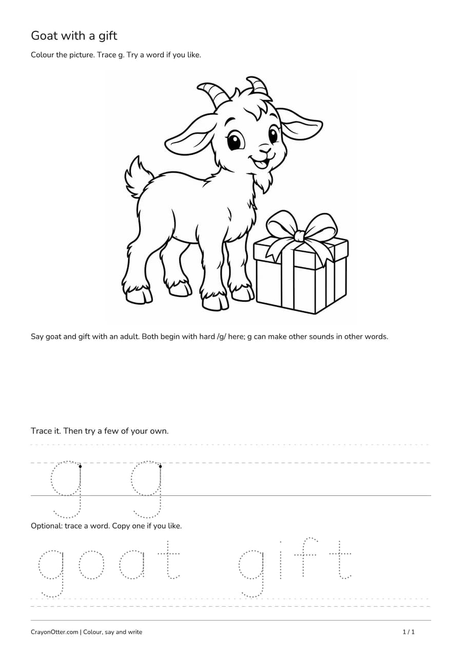 Goat beside a wrapped gift with lowercase g practice and optional goat and gift tracing.