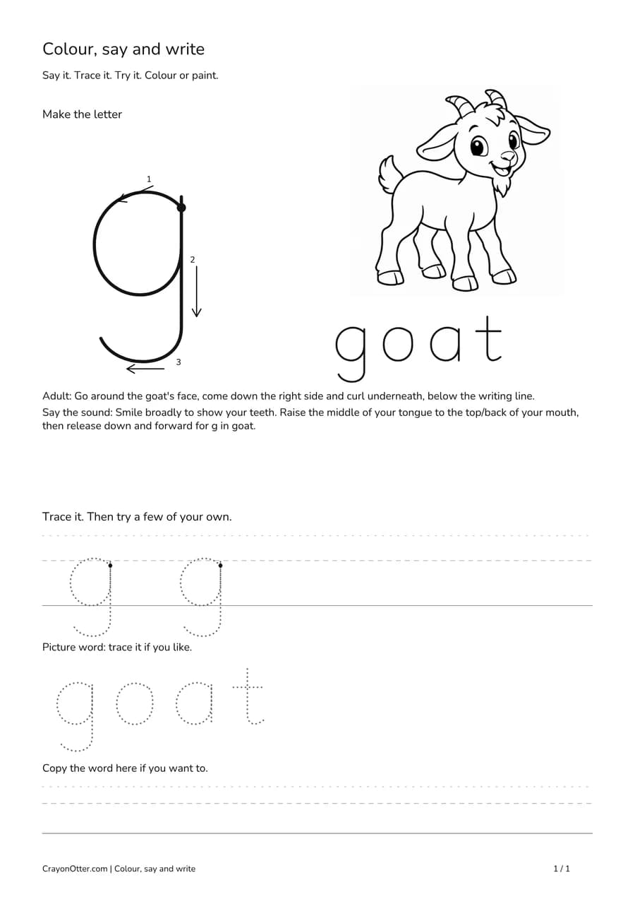 Lowercase g worksheet with a goat picture, movement model, tracing and writing guides.