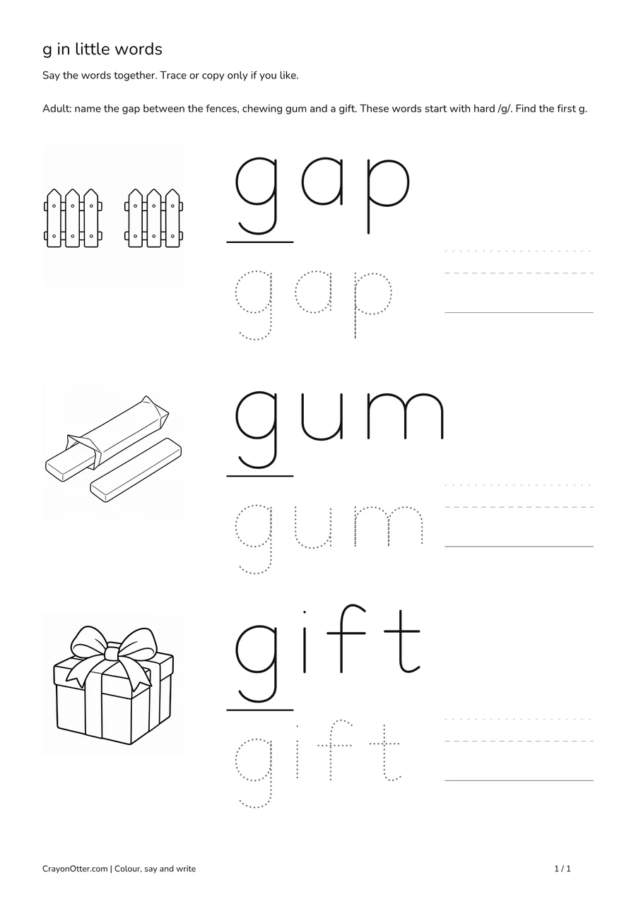 Fence gap, chewing gum and gift pictures beside initial g word models and optional tracing.