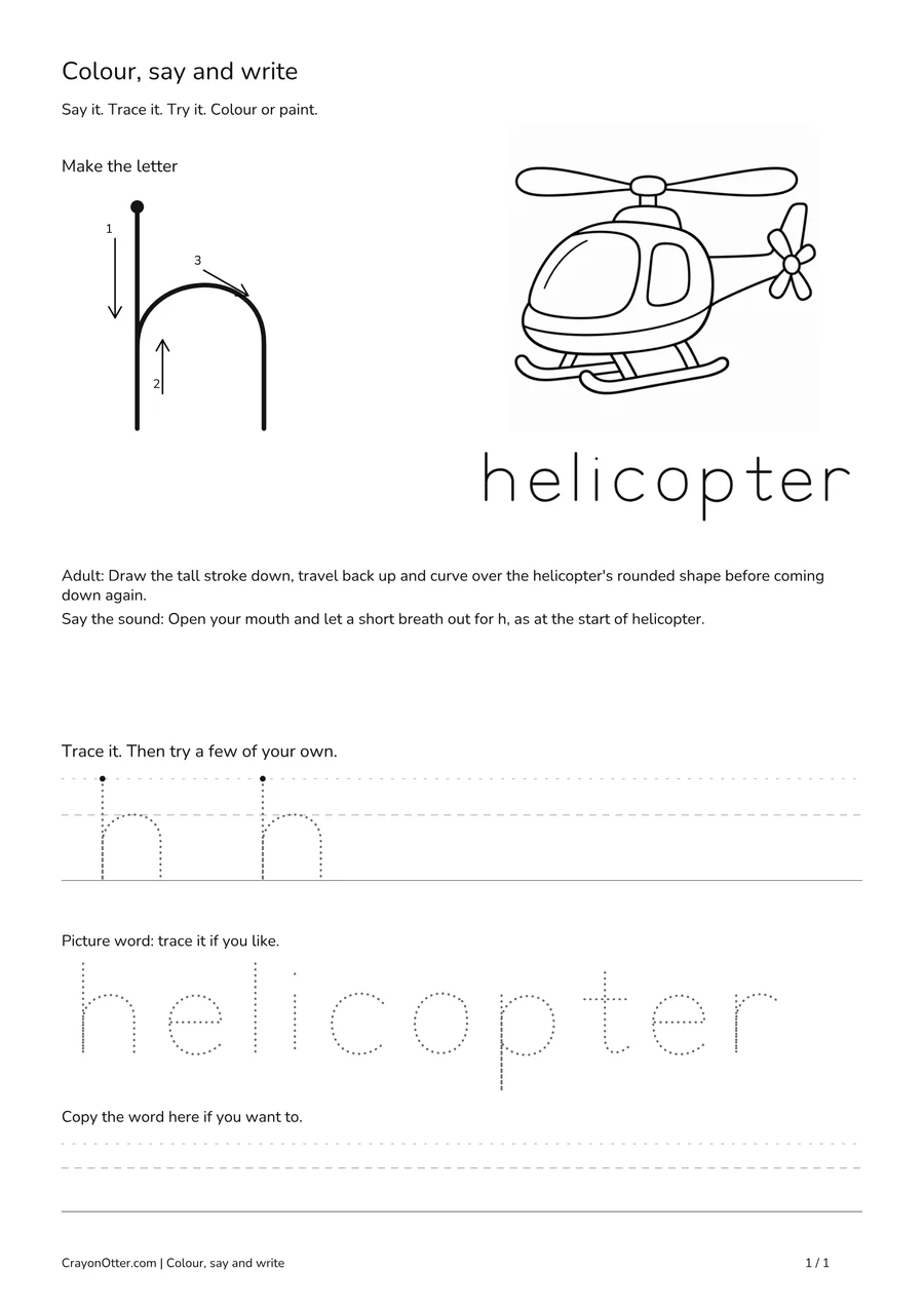 Lowercase h worksheet with a helicopter picture, movement model, tracing and writing guides.