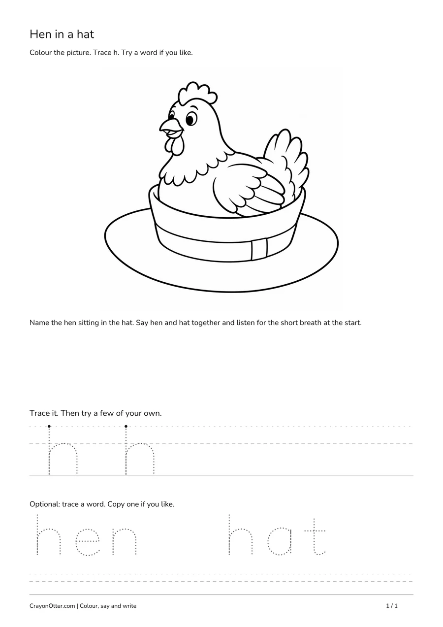 Hen nestled inside a broad hat beside lowercase h practice and optional hen and hat words.