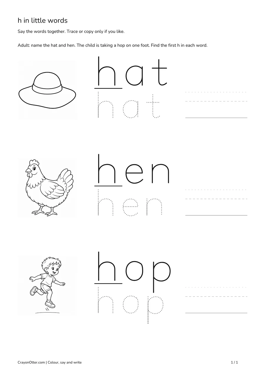 Hat, hen and hopping child pictures beside initial h word models and optional tracing.