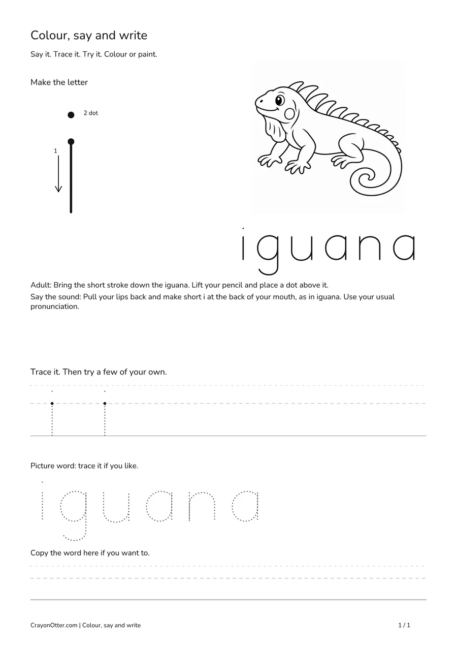 Lowercase i worksheet with an iguana picture, movement model, tracing and writing guides.