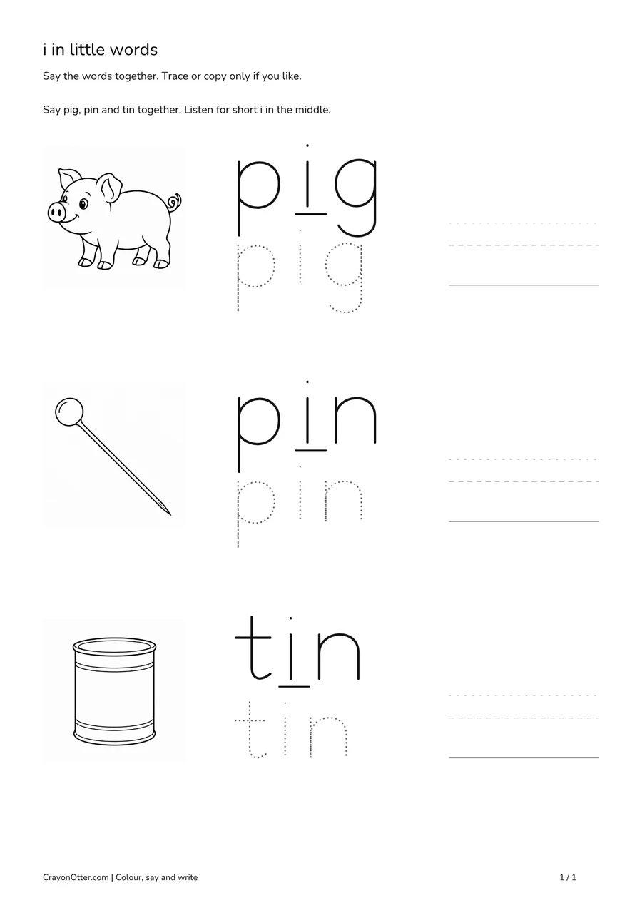 pig, pin, tin pictures beside lowercase i word tracing.