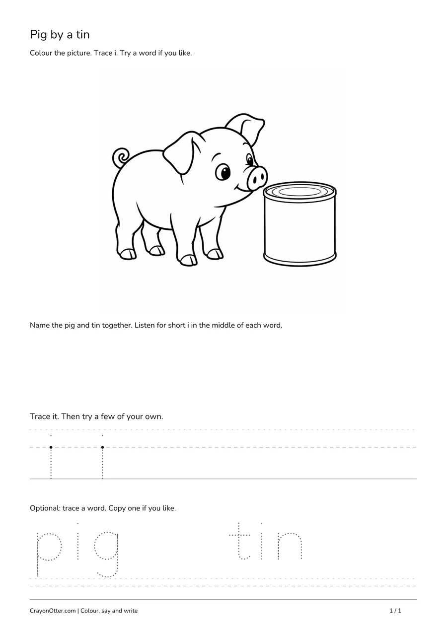 pig by a tin scene with lowercase i tracing and optional words.