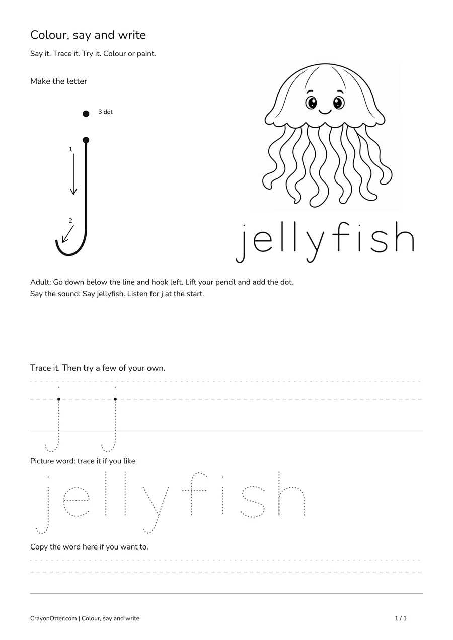 Lowercase j worksheet with a jellyfish picture, movement model, tracing and writing guides.