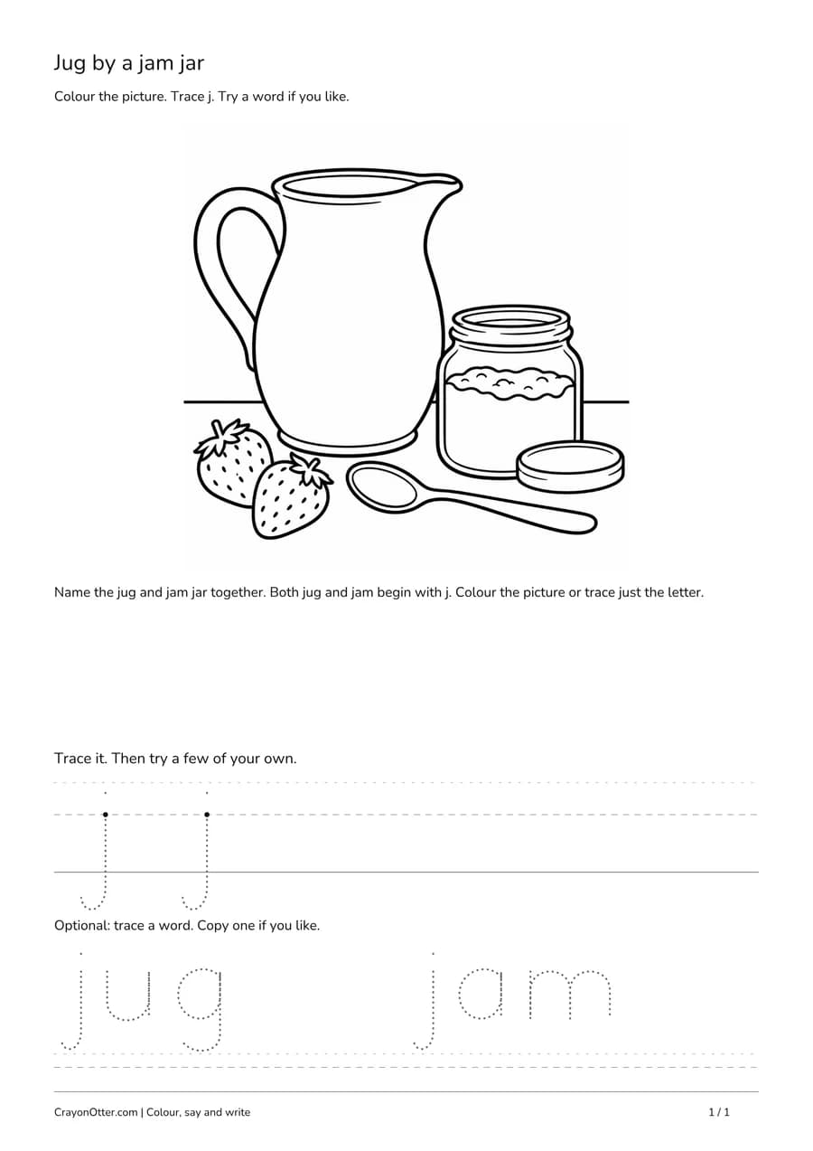 Handled jug beside a jam jar with lowercase j tracing and optional jug and jam words.