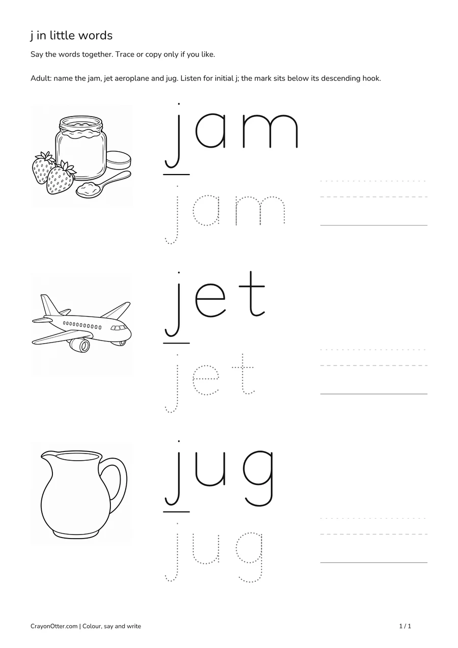 Jam, jet aeroplane and jug pictures beside j word models with marks below the hooks.