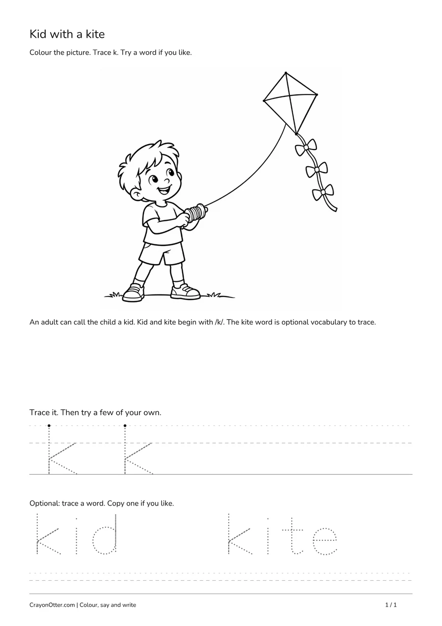Child holding a flying kite beside lowercase k practice and optional kid and kite tracing.