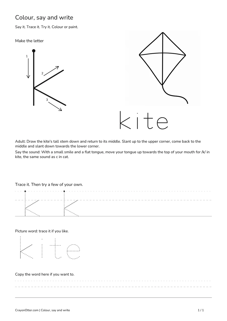 Lowercase k worksheet with a kite picture, movement model, tracing and writing guides.