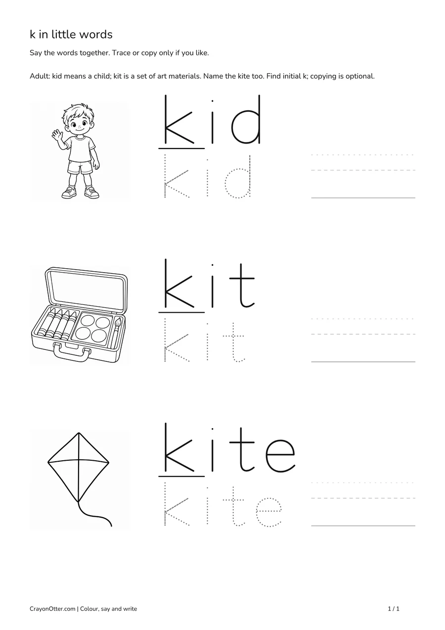 Child, art kit and kite pictures beside initial k word models and optional copying guides.