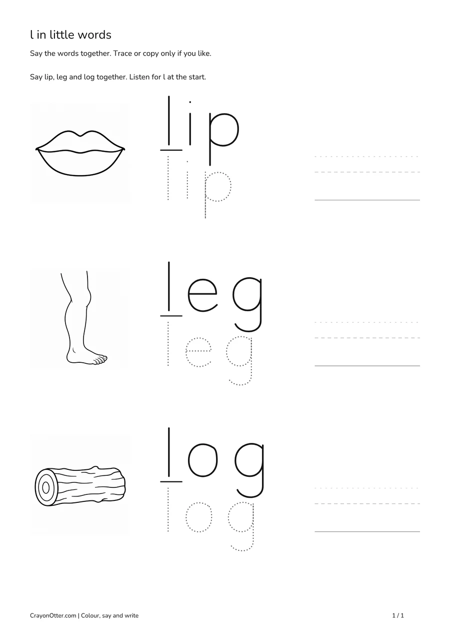 lip, leg, log pictures beside lowercase l word tracing.