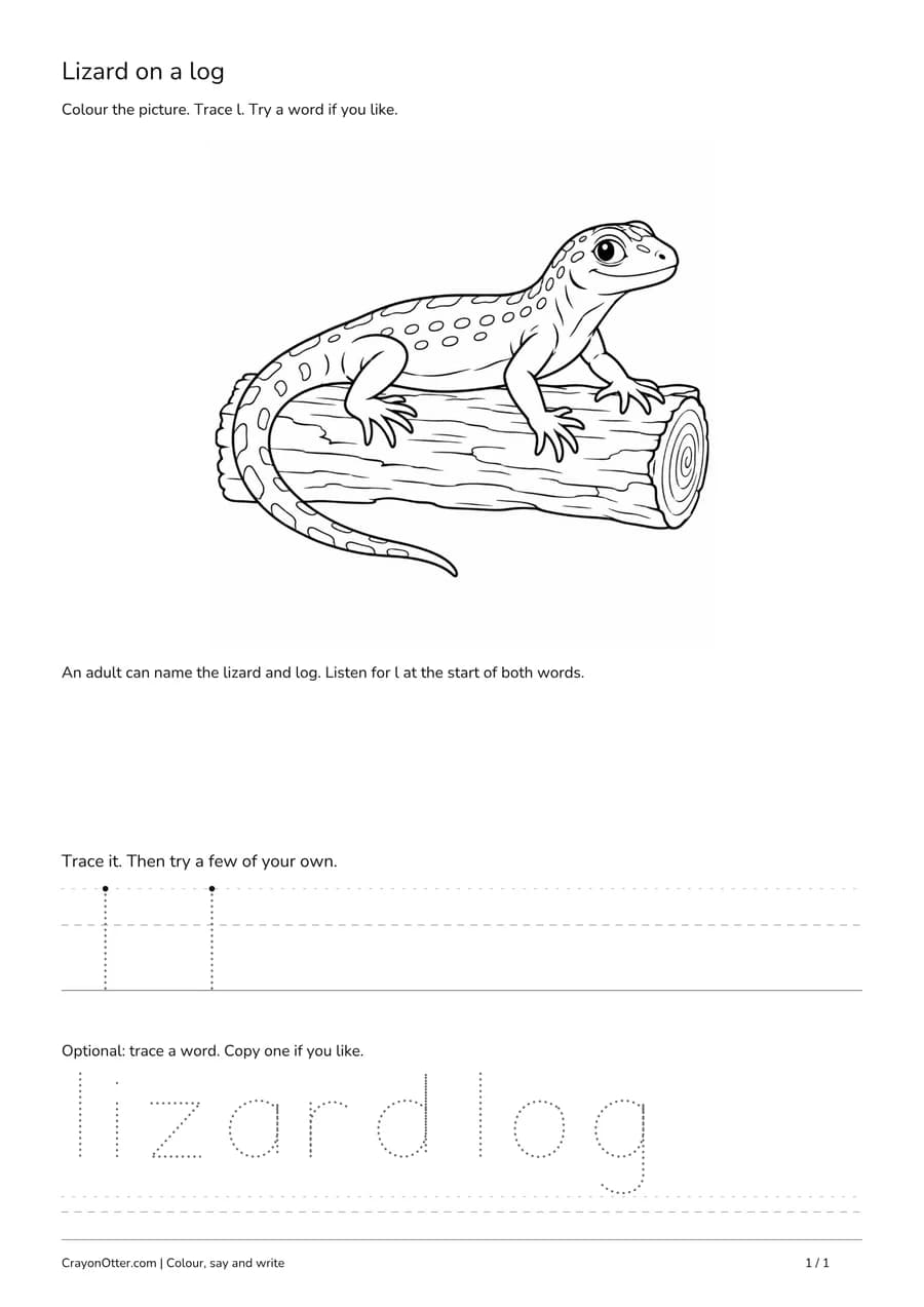 lizard on a log scene with lowercase l tracing and optional words.